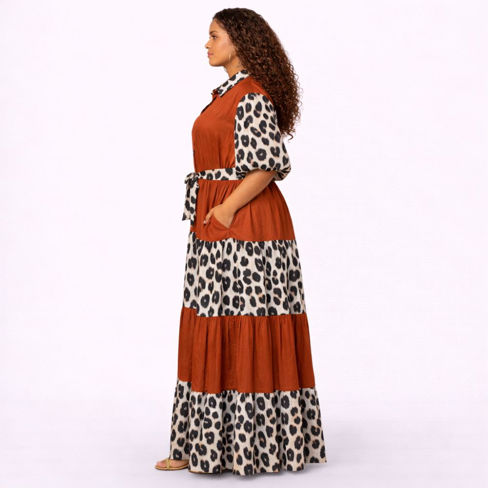 Leopard Print Panel Maxi Dress with Rust Brown
